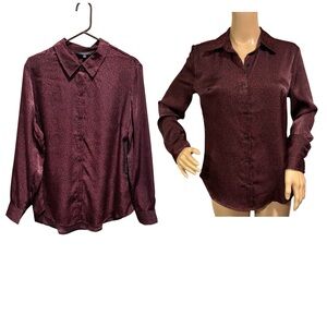Liverpool Purple Satin Blouse Womens Size XL Black Leopard Print Button Up